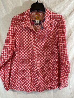 Ruby Rd Woman 20W Pink Geo Print Cotton Button Up Blouse